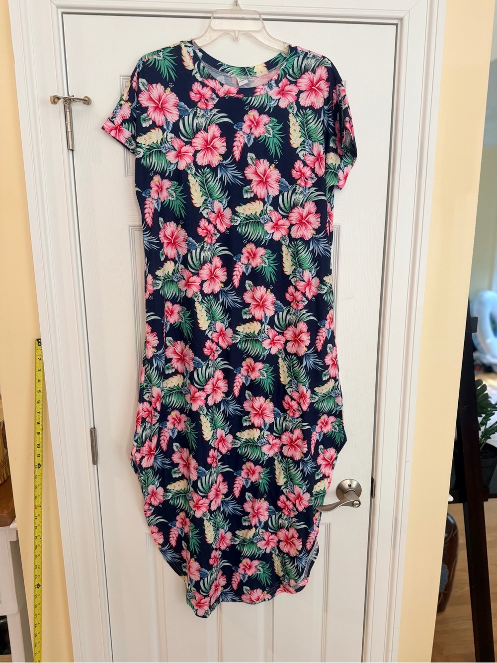 Ladies Size Large "ANRABESS" Navy Floral High-Low Dress with Pink Hibiscus GUC